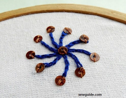 Chain stitch embroidery flower with sequins