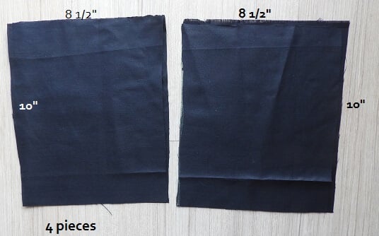 Pockets for the skirt -4 pieces of fabric of dimension 10 inches long and 8 1/2 inches wide.