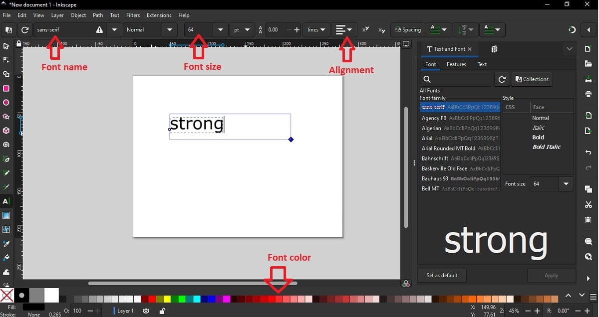 change font name, size and color in inkscape