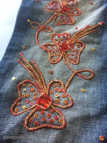 refashion old jeans with simple couching stitches with decorative thread