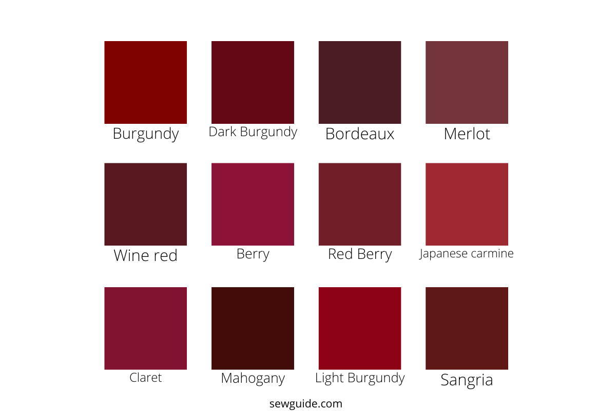 shades of burgundy - sangria, bordeaux, merlot, wine red.