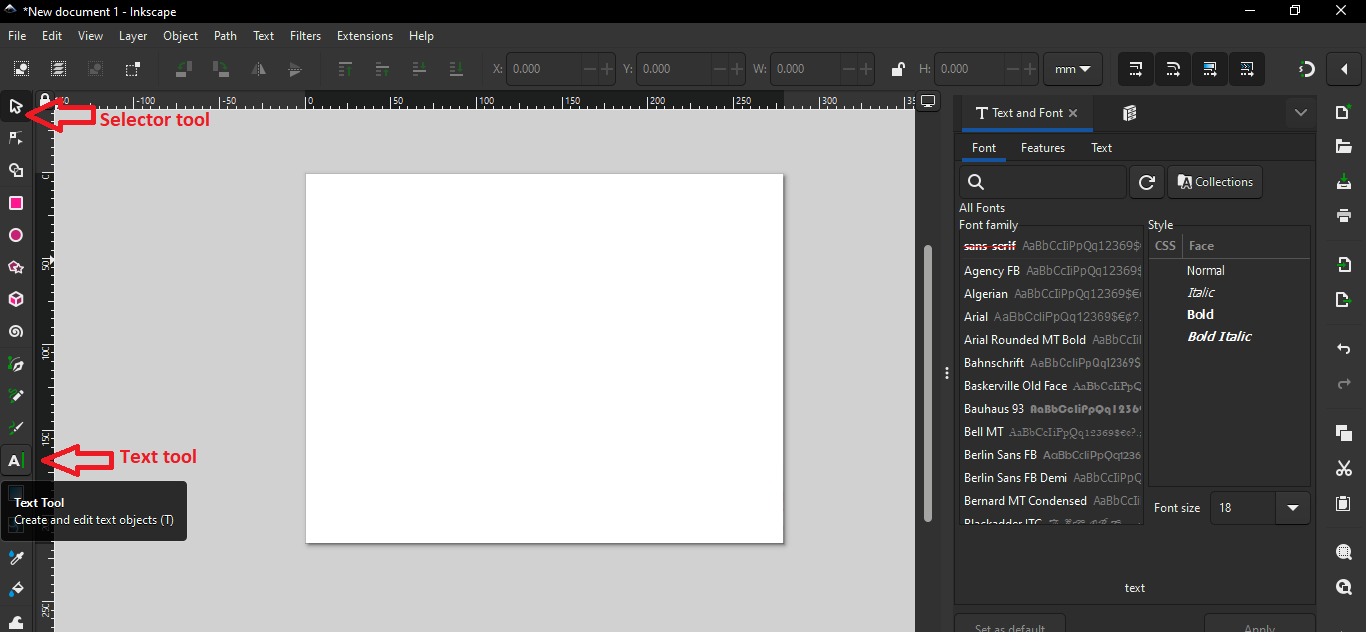 selector tool and the text tool on inkscape