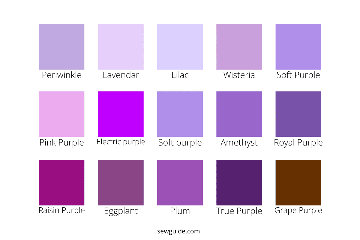 different names of purple including plum, lavendar, lilac, periwinkle, wisteria, electric purple, royal purple, grape purple, true purple, soft purple